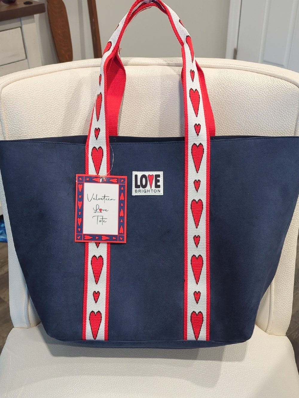 Brighton Navy Velveteen Tote with Red and White Heart-Striped Handles